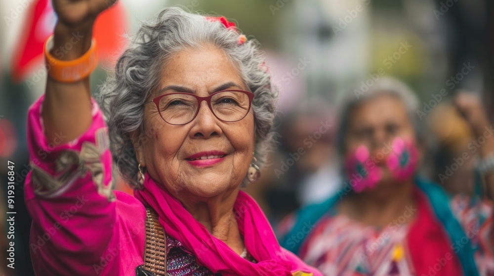 Elderly woman in white hair & glasses smiles, hands raised, with ...