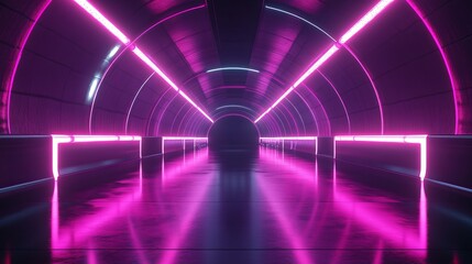 Wall Mural - Sci-fi neon glowing lines in a dark tunnel with reflections on the floor and ceiling. The empty background in the center creates a futuristic technology scene. 3D rendering of abstract glowing lines.