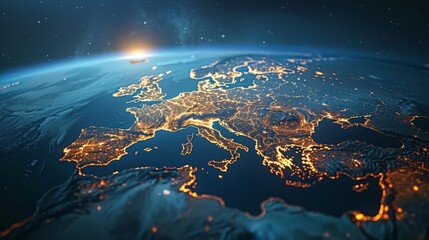 3D Earth with visible cloud atmosphere and city lights in Europe at night