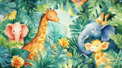 Sticker - Children's Watercolor Jungle Animals wallpaper