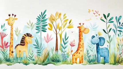 Sticker - Children's Watercolor Jungle Animals wallpaper