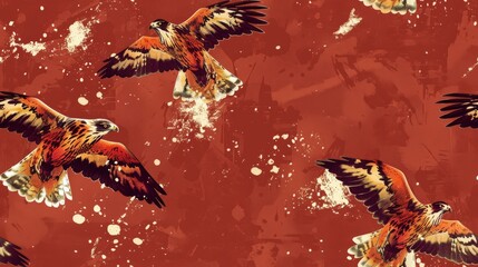 Red-tailed hawks flying against a textured red background.