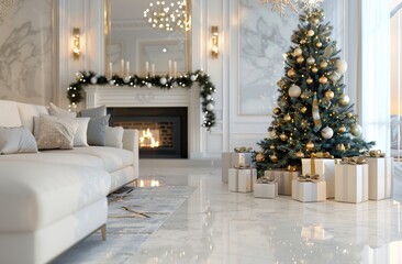 elegant christmas living room with tree, gifts, and festive decorations