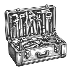 Wall Mural - open toolbox, displaying a range of mechanical tools in a striking black and white style sketch engraving generative ai vector illustration. Scratch board imitation. Black and white image.