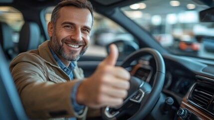 Wall Mural - A man is smiling and giving a thumbs up in a car