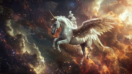 Pegasus. Fantasy and mythology, astro symbolism, digital business, fantasy space fashion, constellation pegasus, beauty of the cosmos, magic animal, freedom concept.