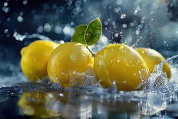 Poster - A bunch of fresh lemons floating in water, great for cooking or as a decorative centerpiece