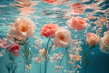 Soft pastel-colored flowers floating serenely underwater, capturing the delicate beauty of nature in a peaceful aquatic scene.