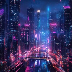 Dynamic Cityscape with Neon Lights at Night Wallpaper