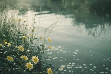 Wall Mural - A bouquet of colorful daisies grows near the edge of a lake or river