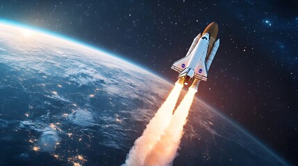 new space rocket lift off. space shuttle with smoke and blast takes off into space on a background o