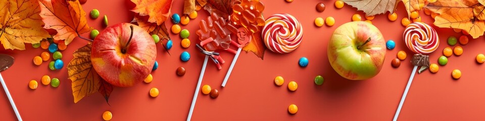 Fall treats with red and green apples, candy and fall leaves on a red background.