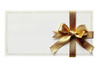 © Renata Hamuda - A blank white gift card with a gold ribbon bow or an empty gift signboard on transparent background