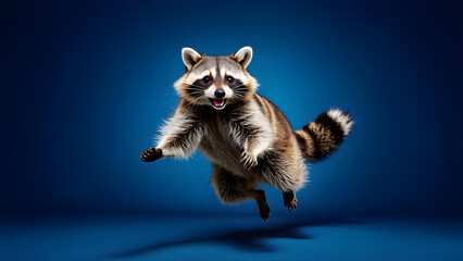 Wall Mural - Raccoon jumping on a blue background. 