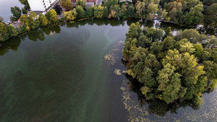 drone aerial view over Spandau Berlin in Germany over river HAvel on a sunny summer evening with sunset