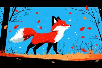 Wall Mural - Red Fox Walking in Autumn Forest