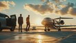 © Ashi - Two men exiting luxury suv and preparing to board private jet for weekend golf getaway at small airport tarmac with scenic travel vibes