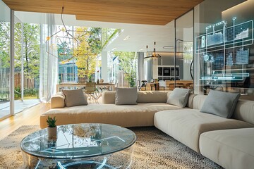 Wall Mural - Modern living room with natural light, stylish furniture, and high-tech elements, creating a cozy yet sophisticated ambiance.