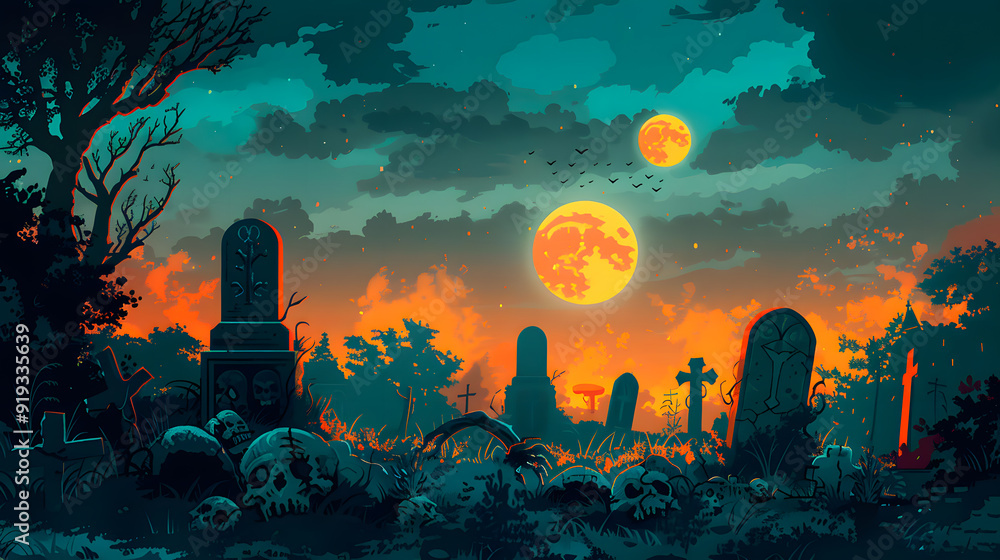spooky cemetery with a full moon and bats flying around Stock ...