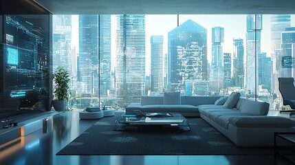 Wall Mural - Modern living room with panoramic city view, sleek furniture, and futuristic design elements, perfect for contemporary lifestyle.