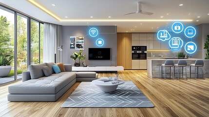 Wall Mural - Modern living room with sleek furniture and smart technology, featuring large windows and a bright, open layout.