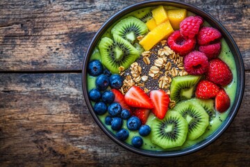 Wall Mural - This vibrant smoothie bowl features assorted fresh fruits, granola, and a green base, beautifully arranged on a rustic wooden surface in natural light