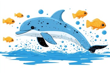 Sticker - Happy Dolphin Jumping Out Of Water With Fish