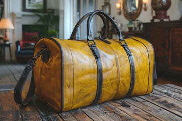 Canvas Print - Stylish Bright Yellow Leather Duffle Bag with Handles on Wooden Floor in Elegant Indoor Setting