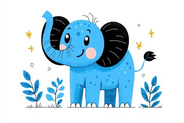 Sticker - Cute Cartoon Blue Elephant with Big Ears and Smiling Face Illustration