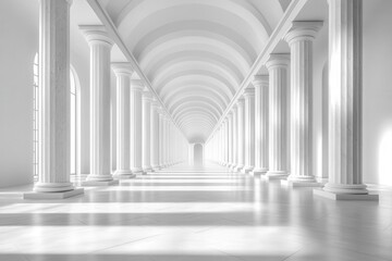 sleek white corridor with repeating pillars creating a sense of infinity clean minimalist aesthetic with soft shadows and highlights futuristic and architectural concept