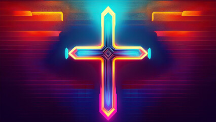 A neon cross in a cyberpunk atmosphere on a dark background exposing the cross. 4K illustration