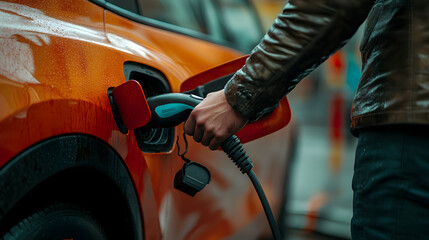 Wall Mural -  car with an ev electric charging plug hooked up to a man's hands