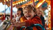 © Pride IMG - A young boy with curly blond hair laughs while riding a carousel with his friends.