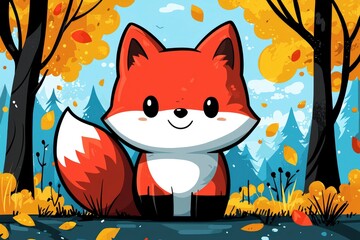 Poster - Adorable Cartoon Fox in Autumn Forest