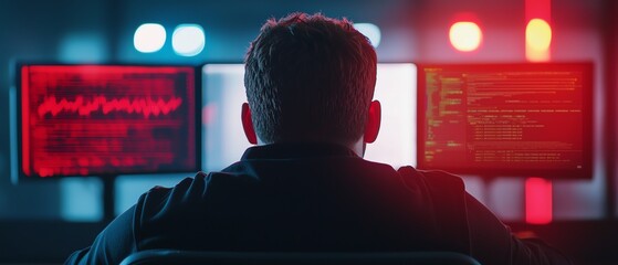 A focused individual analyzes data on multiple screens in a dark cyber environment with vibrant red and blue lights.