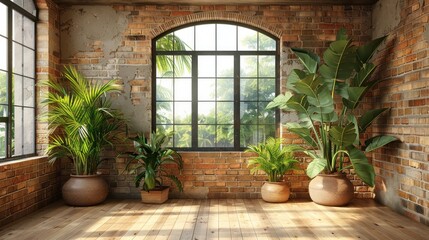 Canvas Print - Indoor Garden with Brick Wall and Large Window