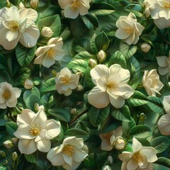 Poster - White Jasmine Flowers Blooming in Lush Greenery