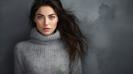 Wall Mural - portrait of young beautiful woman with long curly hairstyle in black sweater on dark background