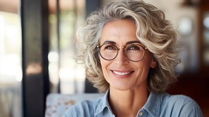 Wall Mural - smiling woman in glasses sitting at home