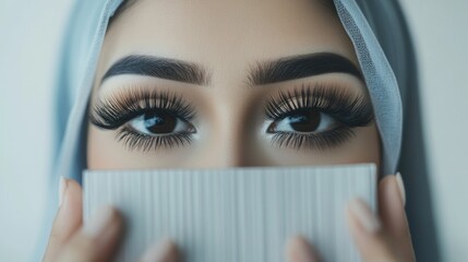 Canvas Print - Close up portrait of a woman's eyes with long eyelashes, partially covered by a white card.