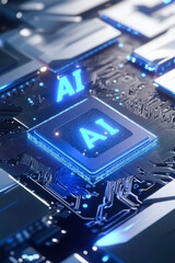 Poster - AI chip on detailed circuit board with blue lighting