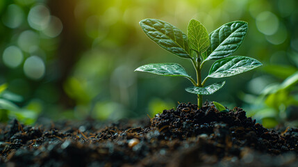 a young plant growing in soil. It has green leaves and is in a sunny outdoor setting.