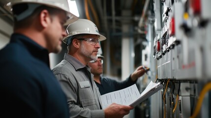 Wall Mural - generate a photo realistic image of inspectors conducting an electrical safety audit, with electrica