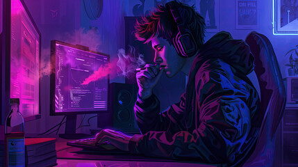Male gamer bad habit smoking cigarette behind the computer, anime style