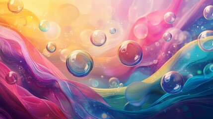 Dreamy underwater realm with bubbles of every shade, rising against a colorful, hand-drawn animation background with abstract waves