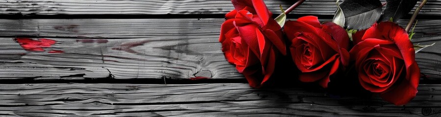 Red roses on wooden background, black and white photography, Valentine's Day theme, banner design, high resolution, professional photograph, studio lighting