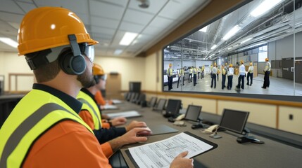 Wall Mural - generate a photo realistic image of new employees undergoing safety training orientation, with safet