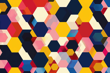 artistic geometric pattern featuring hexagons and bold primary colors.
