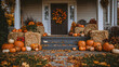© IllustrateMuse - Cozy Autumn Porch with Pumpkins and Hay Bales in Warm Fall Decor