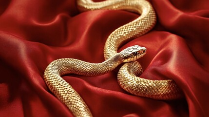 Wall Mural - Golden snake crawling on a red silk background, representing luxury, danger, and temptation